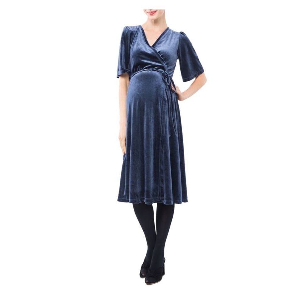 NOM Womens Blue Velvet Short Sleeve Knee Length Wrap Dress Size: L - Picture 1 of 2